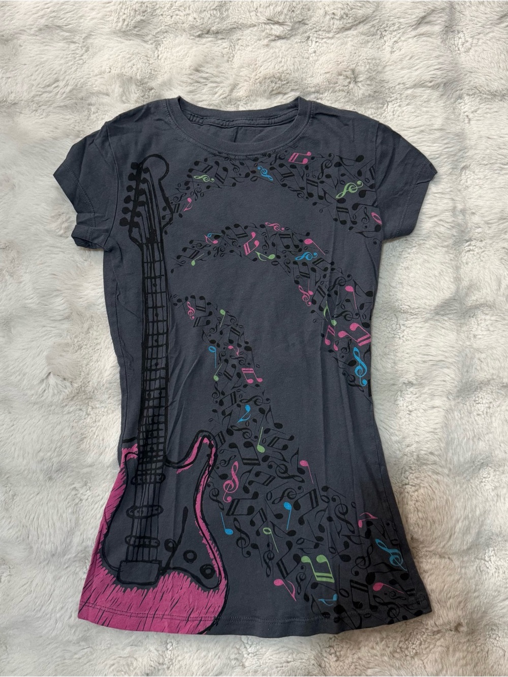 Women’s Black Graphic Guitar Tee with Colorful Music Notes
